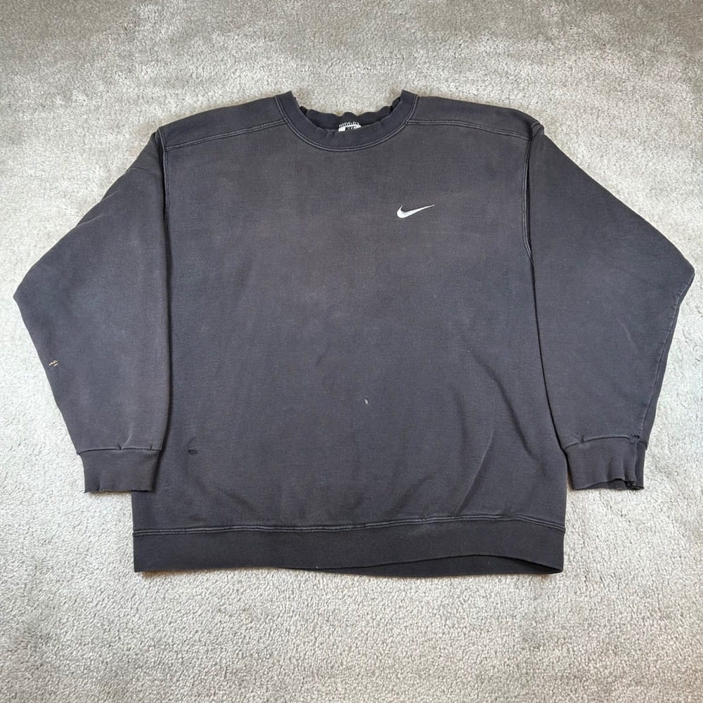 Vintage Nike Sweatshirt Mens Medium Black Distressed Embroidered Swoosh Crewneck